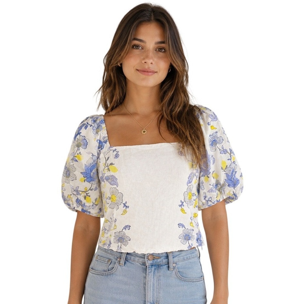 Loft Linen Blnd Puff‎ Sleeve Crop Top Petite 2P Milkmaid Cottage Peasant Euro